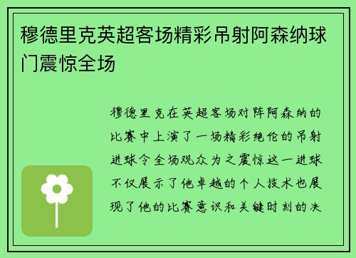 穆德里克英超客场精彩吊射阿森纳球门震惊全场